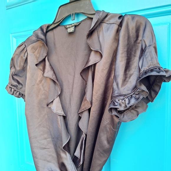 Wrap-Around Top Vintage Black Satin Ruffle Puff Sleeve Blouse - Picture 12 of 16